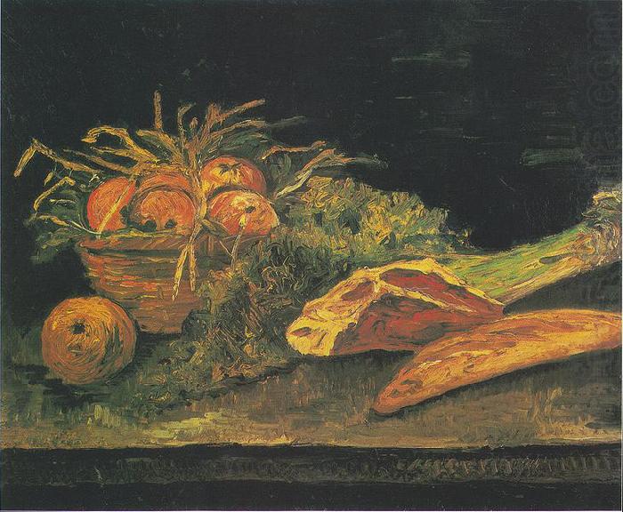 Still life with apple basket, meat and bread rolls, Vincent Van Gogh